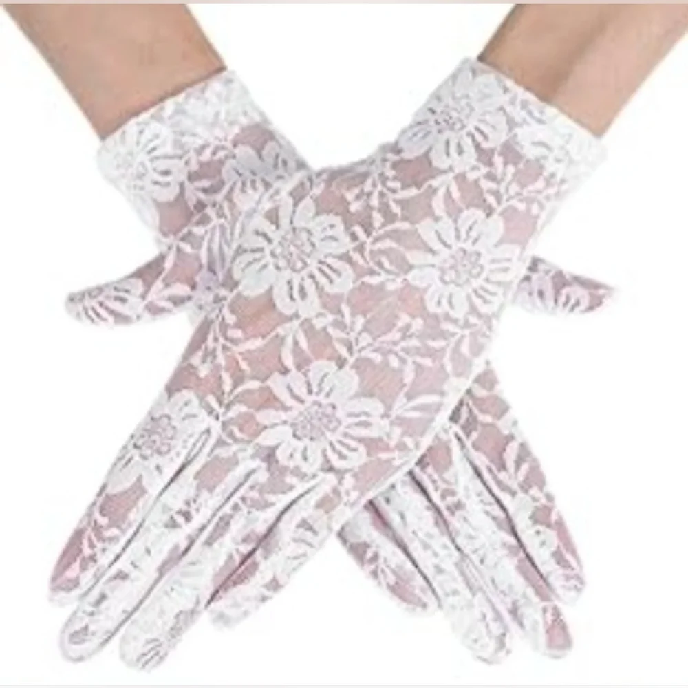 New Sheer Floral Bridal Gloves White Tulle Mesh Ruffle Cosplay Dress Up Stretch